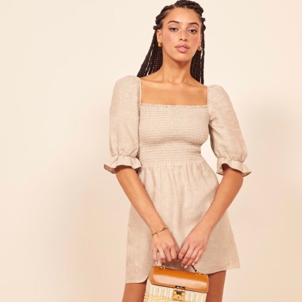 Reformation S Cerise Linen Puff Sleeve Mini Dress